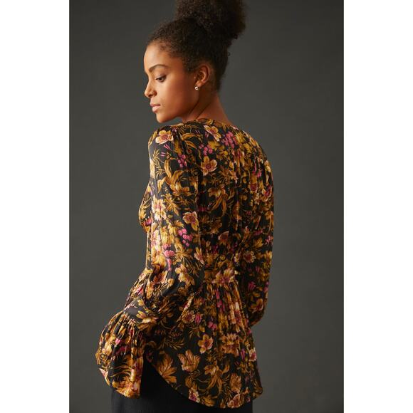 ANTHROPOLOGIE Deep-V Tunic Floral Bell Sleeve Blouse Sz M {3B20} - Picture 3 of 8